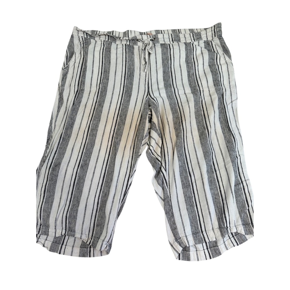 Pease Womens 3X Striped Linen Blend Cropped Pants‎ Black White Drawstring Casual